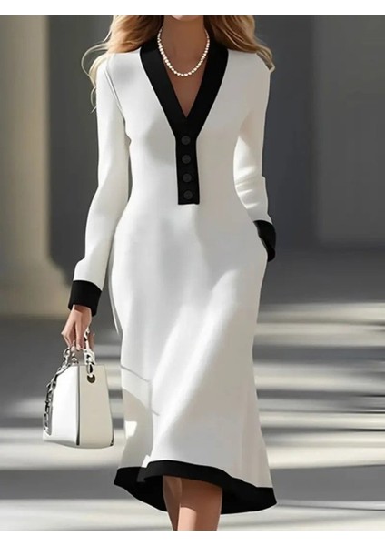 Cottonlab Kadın Uzun Kollu V Yakalı Düğmeli Midi Modal Elbise