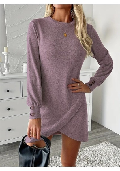 Cottonlab Kadın Uzun Kollu Bisiklet Yaka Önden Asimetrik Kesim Detaylı Mini Yumoş Elbise