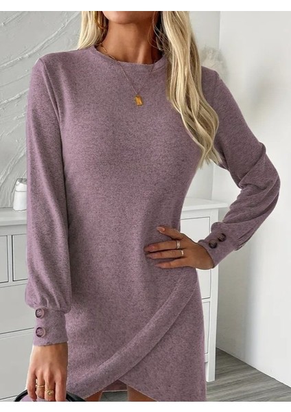 Cottonlab Kadın Uzun Kollu Bisiklet Yaka Önden Asimetrik Kesim Detaylı Mini Yumoş Elbise fiyatları