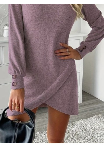 Cottonlab Kadın Uzun Kollu Bisiklet Yaka Önden Asimetrik Kesim Detaylı Mini Yumoş Elbise modelleri