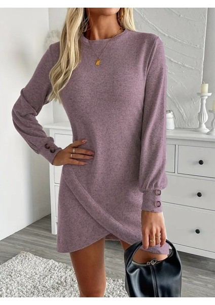 Cottonlab Kadın Uzun Kollu Bisiklet Yaka Önden Asimetrik Kesim Detaylı Mini Yumoş Elbise fırsatları