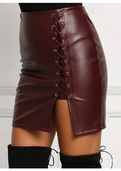 Cottonlab Kadın Yüksek Bel Yandan Çapraz Bağcıklı Yırtmaçlı Mini Deri Etek fiyatları