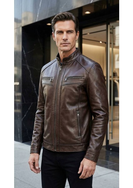 Kahve Erkek Deri Mont - Slim Fit Hakim Yaka Fermuarlı Biker Ceket