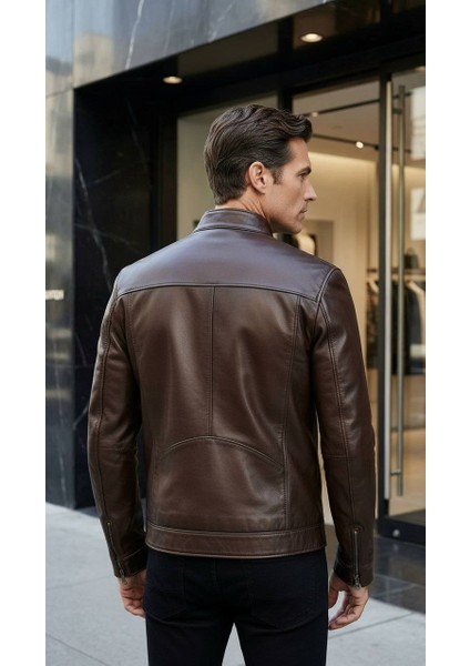 Kahve Erkek Deri Mont - Slim Fit Hakim Yaka Fermuarlı Biker Ceket fiyatları