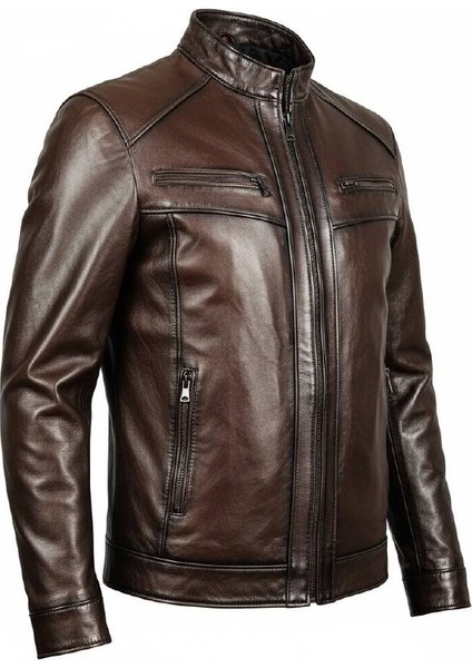 Kahve Erkek Deri Mont - Slim Fit Hakim Yaka Fermuarlı Biker Ceket modelleri