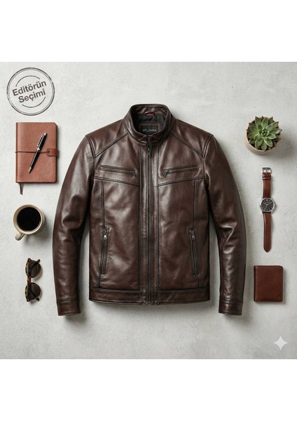Kahve Erkek Deri Mont - Slim Fit Hakim Yaka Fermuarlı Biker Ceket fırsatları