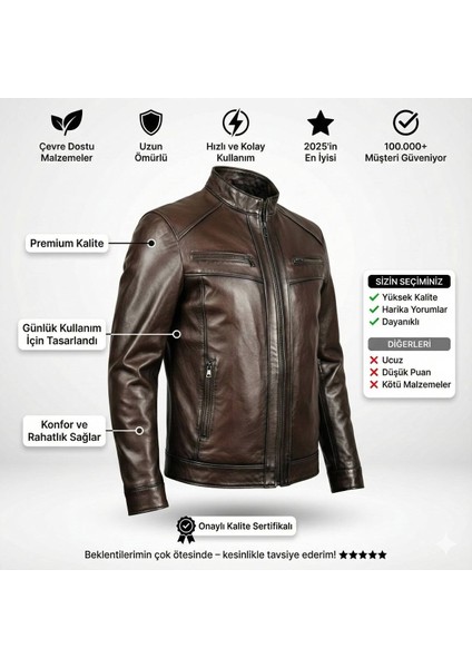 Kahve Erkek Deri Mont - Slim Fit Hakim Yaka Fermuarlı Biker Ceket indirimleri