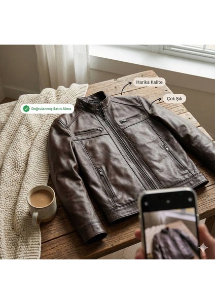 Kahve Erkek Deri Mont - Slim Fit Hakim Yaka Fermuarlı Biker Ceket