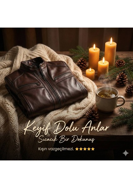 Kahve Erkek Deri Mont - Slim Fit Hakim Yaka Fermuarlı Biker Ceket