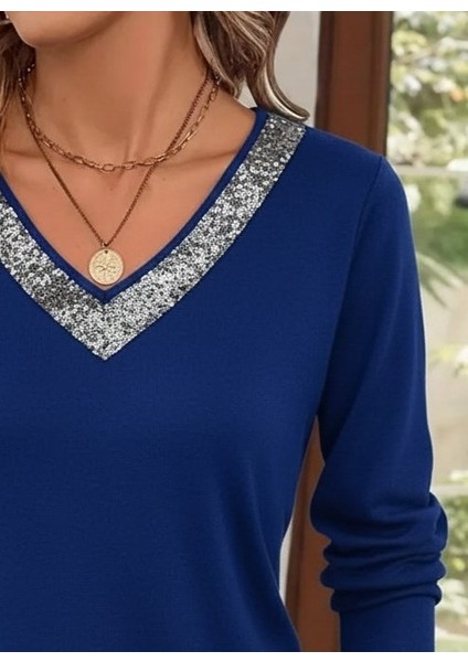Cottonlab Kadın Uzun Kollu V Payet Yakalı Viskon Bluz fiyatları