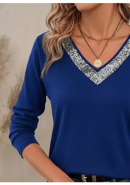 Cottonlab Kadın Uzun Kollu V Payet Yakalı Viskon Bluz modelleri
