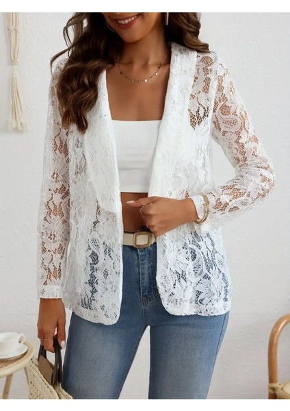 Cottonlab Kadın Uzun Kollu Yakalı Önü Açık Dantelli Ceket