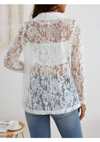 Cottonlab Kadın Uzun Kollu Yakalı Önü Açık Dantelli Ceket