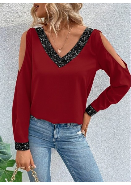 Cottonlab Kadın Uzun Kollu V Yakalı Omuzlardan Açık Sandy Bluz