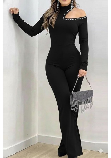 Cottonlab Kadın Tek Omuzdan Açık Balıkçı Yaka Taş Detaylı Uzun Ithal Krep Tulum