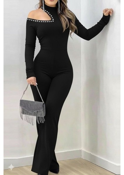 Cottonlab Kadın Tek Omuzdan Açık Balıkçı Yaka Taş Detaylı Uzun Ithal Krep Tulum modelleri