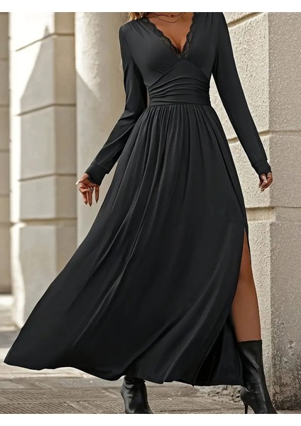 Cottonlab Kadın Uzun Kollu V Dantel Yakalı Yırtmaçlı Uzun Sandy Elbise fiyatları