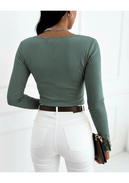 Cottonlab Kadın Uzun Kollu Yakadan Açık ve Düğme Detaylı Kaşkorse Çağla Yeşili Bluz modelleri