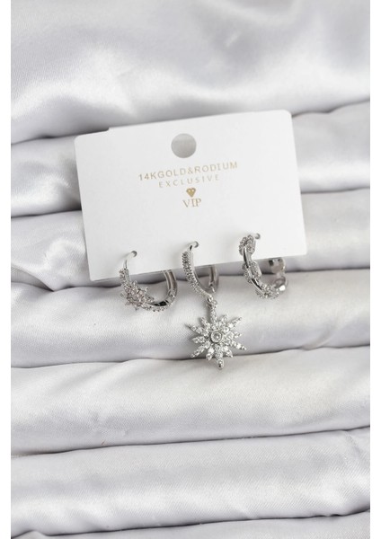 Bfs Pirinç Gümüş Renk Kutup Yıldızı Model 3'lü Kadın Küpe Seti