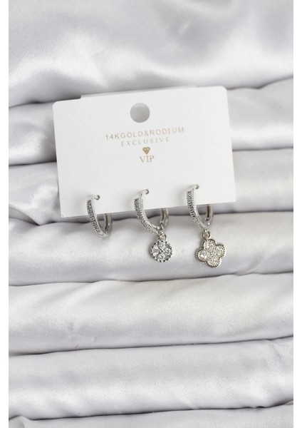 Bfs Pirinç Gümüş Renk Yonca Model 3'lü Kadın Küpe Seti