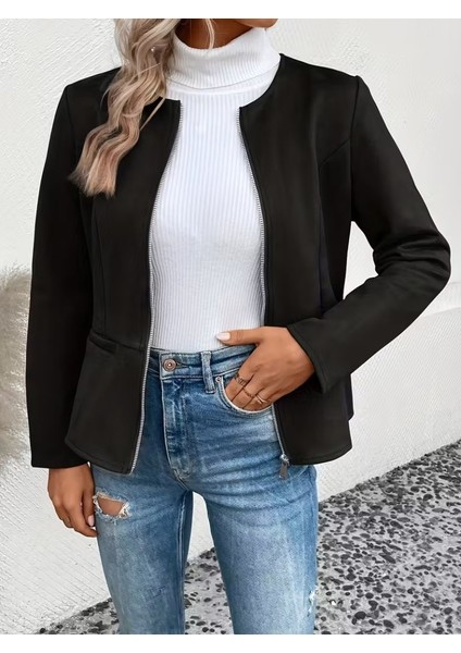 Cottonlab Kadın Uzun Kollu Yuvarlak Yaka Önden Fermuarlı Süet Ceket