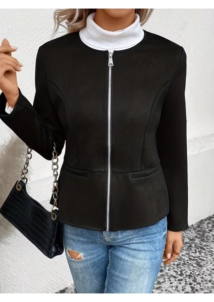 Cottonlab Kadın Uzun Kollu Yuvarlak Yaka Önden Fermuarlı Süet Ceket modelleri