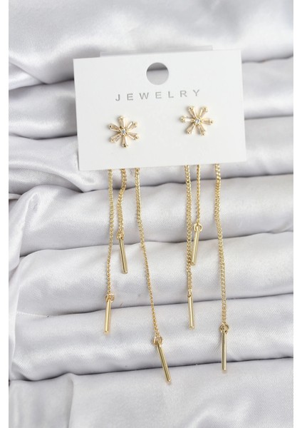 Bfs Çiçek Model Gold Pirinç Sallantılı Kadın Küpe