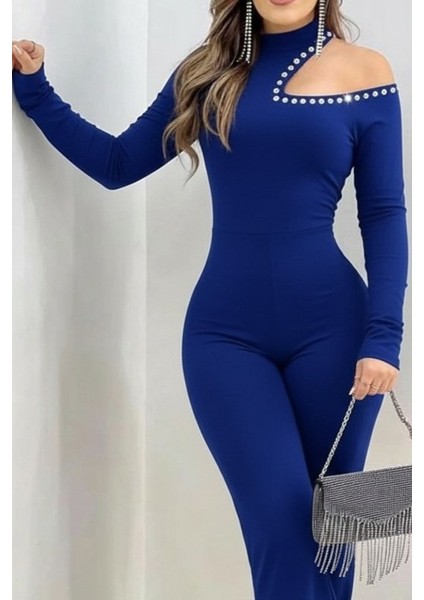 Cottonlab Kadın Tek Omuzdan Açık Balıkçı Yaka Taş Detaylı Uzun Ithal Krep Tulum fiyatları