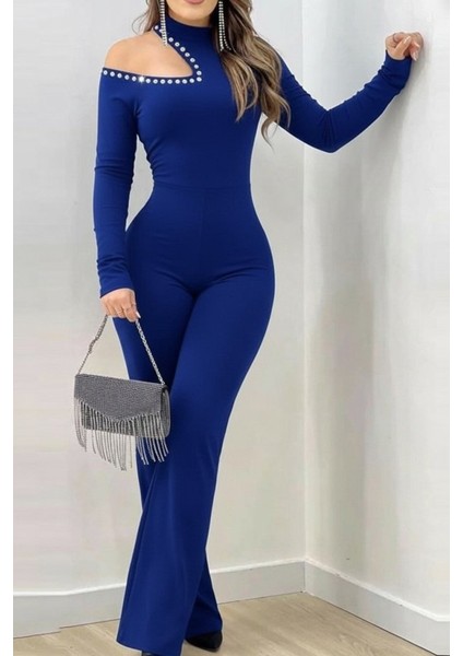 Cottonlab Kadın Tek Omuzdan Açık Balıkçı Yaka Taş Detaylı Uzun Ithal Krep Tulum modelleri