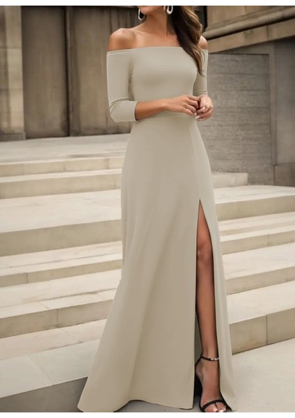 Cottonlab Kadın Uzun Kollu Madonna Yakalı Yırtmaç Detaylı Uzun Ithal Krep Elbise