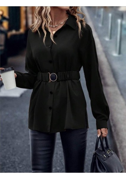 Cottonlab Kadın Uzun Kollu Yakalı Önden Düğmeli Belden Kemerli Ithal Krep Bluz fiyatları