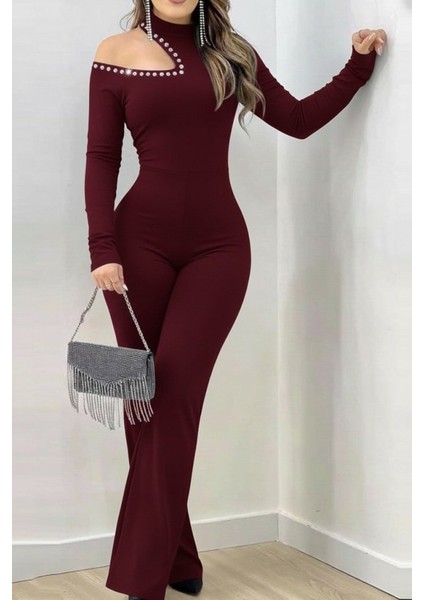 Cottonlab Kadın Tek Omuzdan Açık Balıkçı Yaka Taş Detaylı Uzun Ithal Krep Tulum modelleri