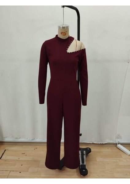 Cottonlab Kadın Tek Omuzdan Açık Balıkçı Yaka Taş Detaylı Uzun Ithal Krep Tulum fırsatları