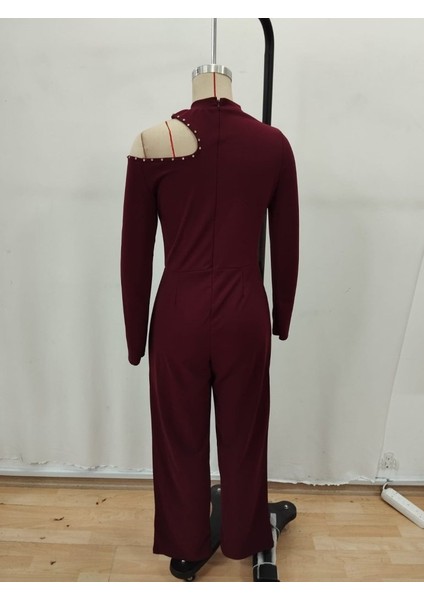 Cottonlab Kadın Tek Omuzdan Açık Balıkçı Yaka Taş Detaylı Uzun Ithal Krep Tulum indirimleri