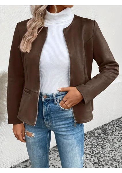 Cottonlab Kadın Uzun Kollu Yuvarlak Yaka Önden Fermuarlı Süet Ceket