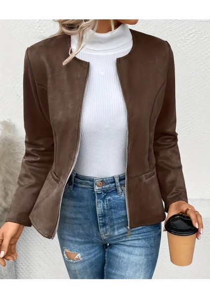 Cottonlab Kadın Uzun Kollu Yuvarlak Yaka Önden Fermuarlı Süet Ceket fiyatları