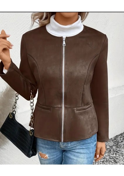 Cottonlab Kadın Uzun Kollu Yuvarlak Yaka Önden Fermuarlı Süet Ceket modelleri