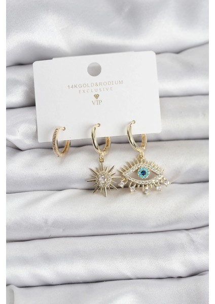 Bfs Göz Model Gold Renk Pirinç 3'lü Kadın Küpe Seti