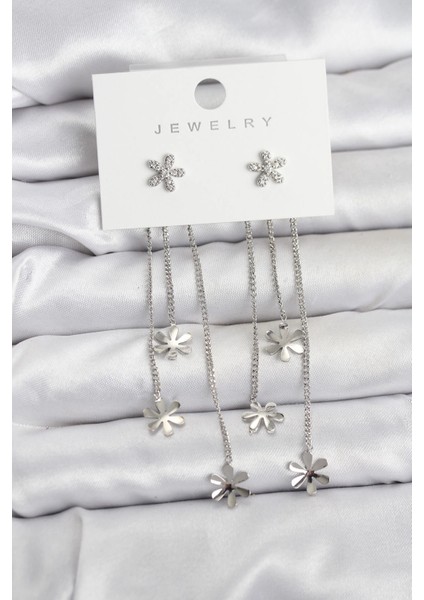 Bfs Papatya Model Gümüş Renk Pirinç Sallantılı Kadın Küpe