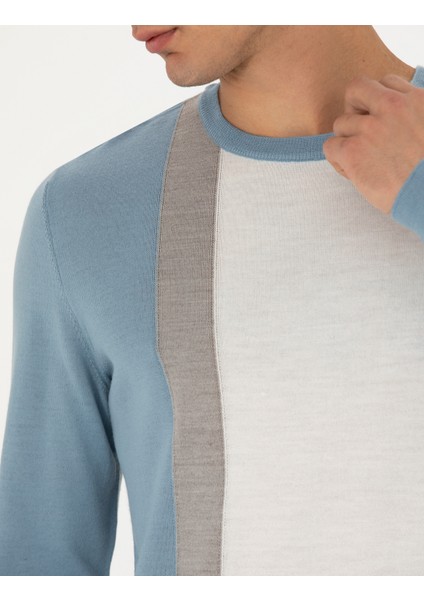 Erkek Koyu Mavi Slim Fit Bisiklet Yaka Yün Karışımlı Triko Kazak 50278089-VR032