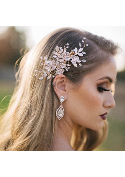 Gelin Başlığı El Yapımı Inci Saç Tarağı Tarak Estetik Yapay Elmas Çiçekler ve Yapraklar Saç Bandı Düğün Fotoğraf Plakası Saç Başlığı (Yurt Dışından) fırsatları