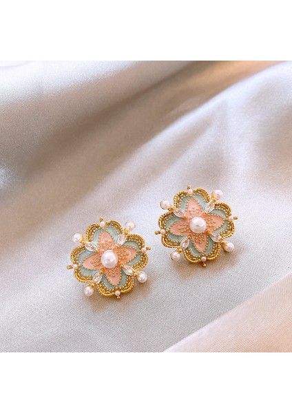 Gümüş Iğne Yağlı Boya Tatlı Su Inci Çiçek Küpe Retro Moda Niş Tasarım Küpe Hafif Lüks Kıdemli Küpe Kadın Duygusu (Yurt Dışından)