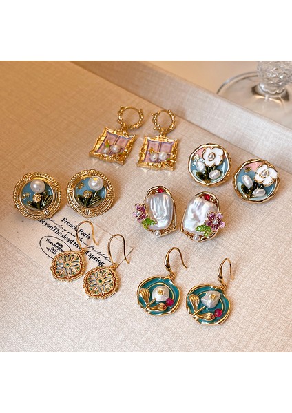 Gümüş Iğne Yağlı Boya Tatlı Su Inci Çiçek Küpe Retro Moda Niş Tasarım Küpe Hafif Lüks Kıdemli Küpe Kadın Duygusu (Yurt Dışından) fiyatları