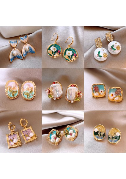 Gümüş Iğne Yağlı Boya Tatlı Su Inci Çiçek Küpe Retro Moda Niş Tasarım Küpe Hafif Lüks Kıdemli Küpe Kadın Duygusu (Yurt Dışından) modelleri