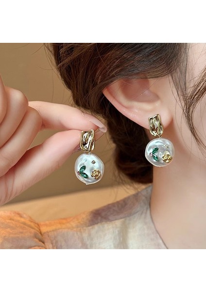 Gümüş Iğne Yağlı Boya Tatlı Su Inci Çiçek Küpe Retro Moda Niş Tasarım Küpe Hafif Lüks Kıdemli Küpe Kadın Duygusu (Yurt Dışından) fırsatları