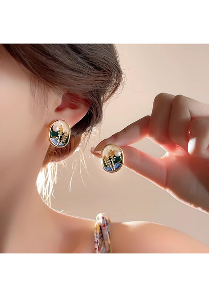 Gümüş Iğne Yağlı Boya Tatlı Su Inci Çiçek Küpe Retro Moda Niş Tasarım Küpe Hafif Lüks Kıdemli Küpe Kadın Duygusu (Yurt Dışından) indirimleri