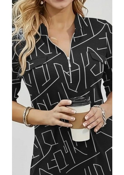 Cottonlab Kadın Uzun Kollu Hakim Yaka Yakadan Fermuarlı Geometrik Desenli Süprem Bluz fiyatları