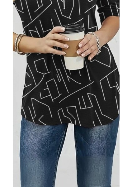 Cottonlab Kadın Uzun Kollu Hakim Yaka Yakadan Fermuarlı Geometrik Desenli Süprem Bluz modelleri