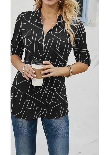 Cottonlab Kadın Uzun Kollu Hakim Yaka Yakadan Fermuarlı Geometrik Desenli Süprem Bluz fırsatları