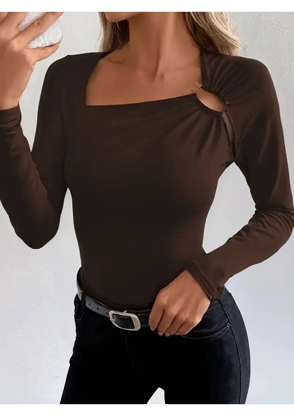 Cottonlab Kadın Uzun Kollu Yakadan Halka Detaylı Viskon Bluz